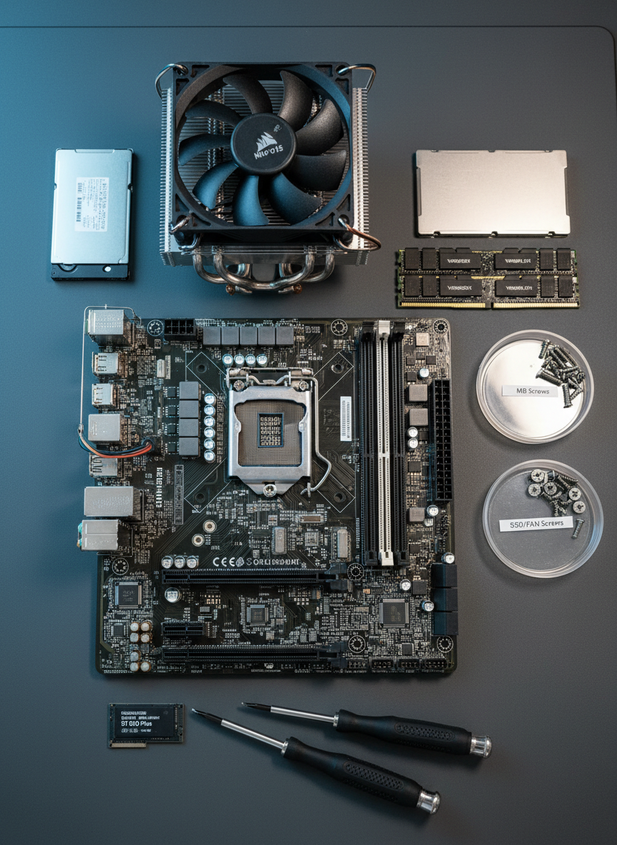 A close-up of a disassembled desktop computer laid out systematically on a dark, non-reflective work mat. The central motherboard, with deep green PCB and silver traces, sits in the middle, surrounded by a labeled CPU cooler, RAM sticks, a solid-state drive, and neatly arranged screw trays. A pair of precision screwdrivers with black rubberized grips rests near the edge. Soft, cool studio lighting from above and slightly to the side creates defined highlights on metal surfaces and gentle shadows that emphasize depth without clutter. Captured from directly overhead with sharp focus across the frame, evoking a clean, instructional feel. The mood is methodical and educational, reflecting foundational hardware knowledge with a minimalist, professional photographic style.
